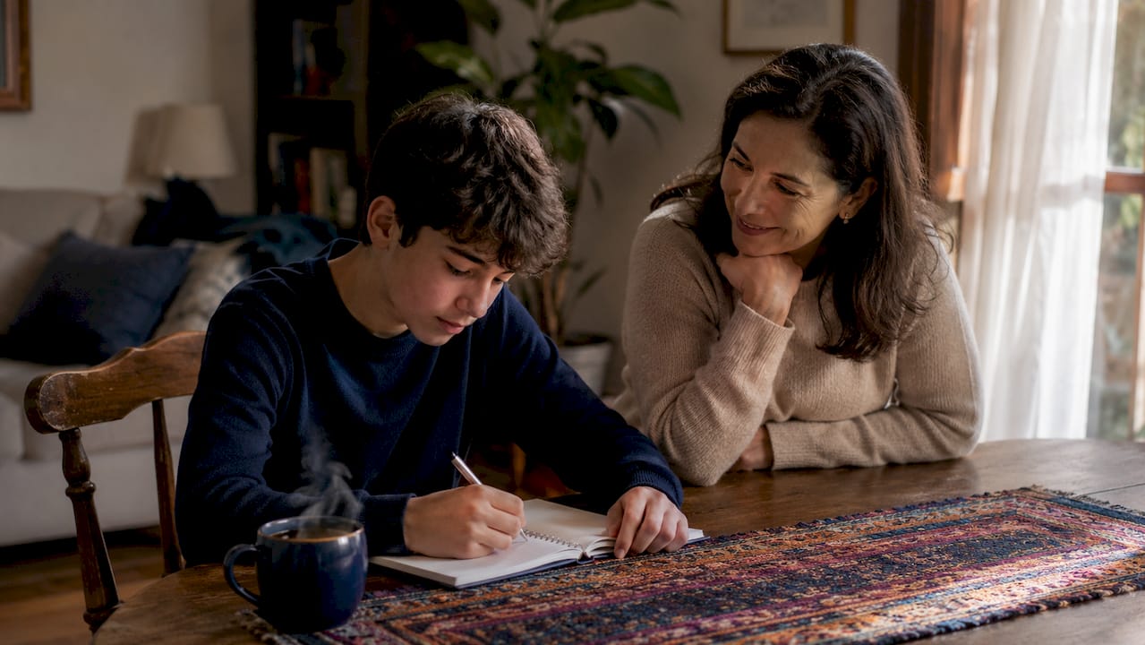 Teenager writing family stories with grandfather
