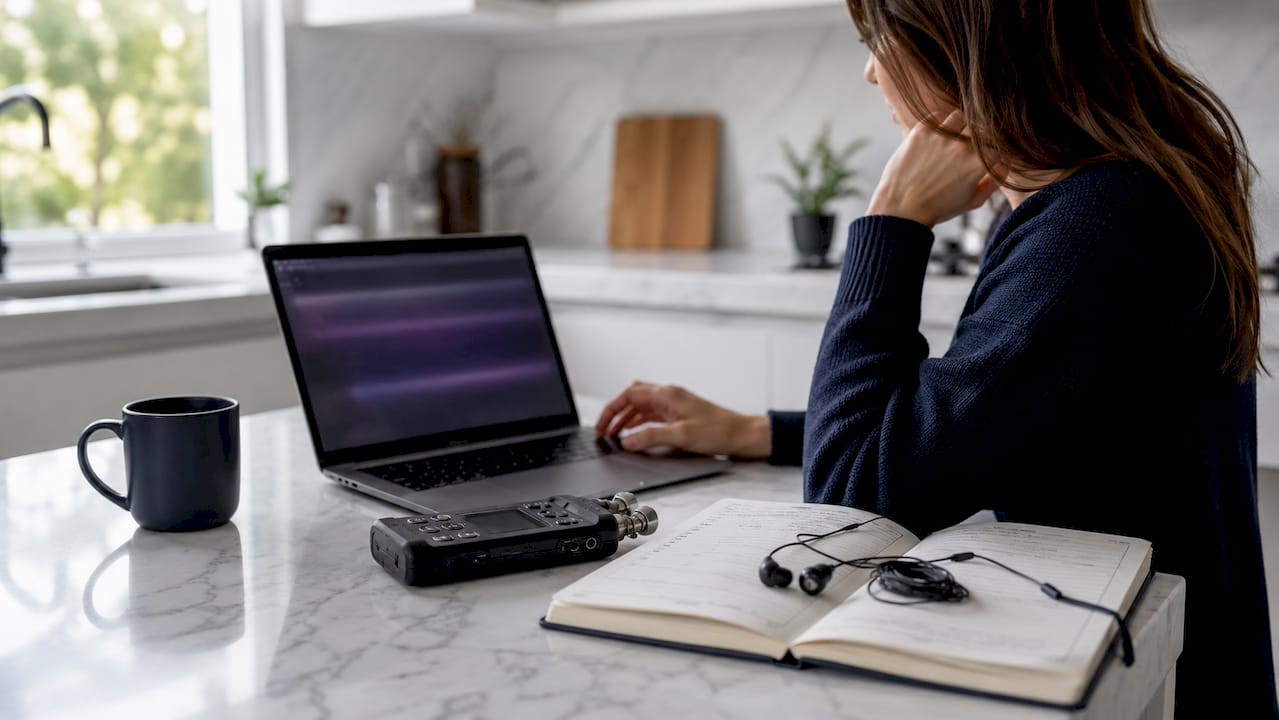 Audio recorder and smartphone on desk with headphones