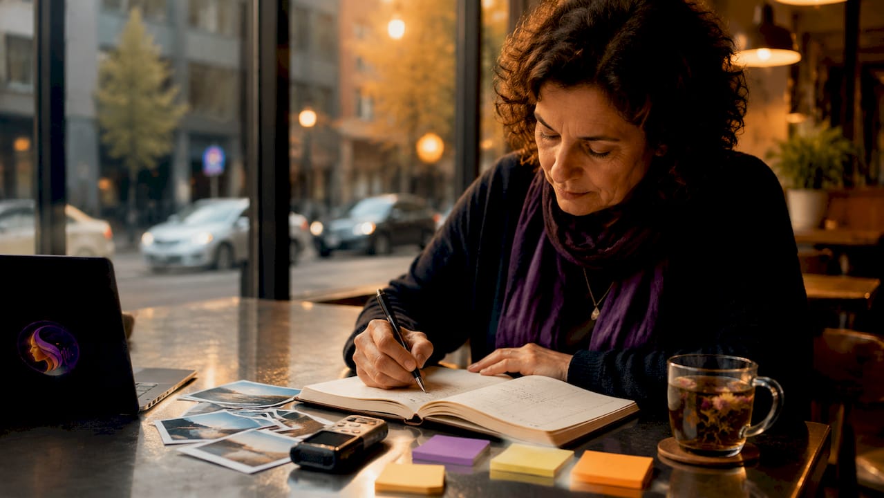 Person journaling detailed memories at desk