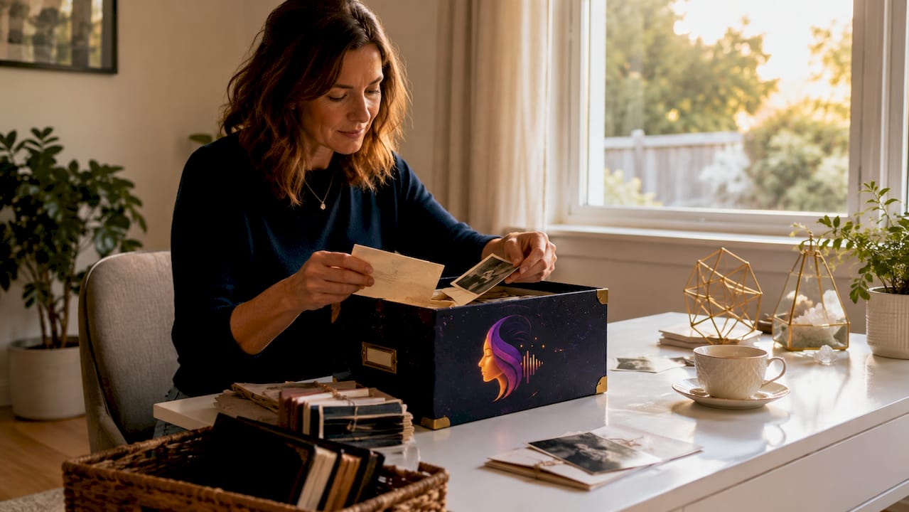 Woman organizing family heirlooms into archive box