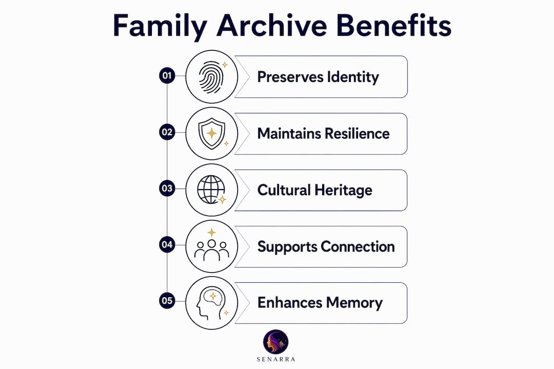 Infographic illustrating five key benefits of family narrative archives