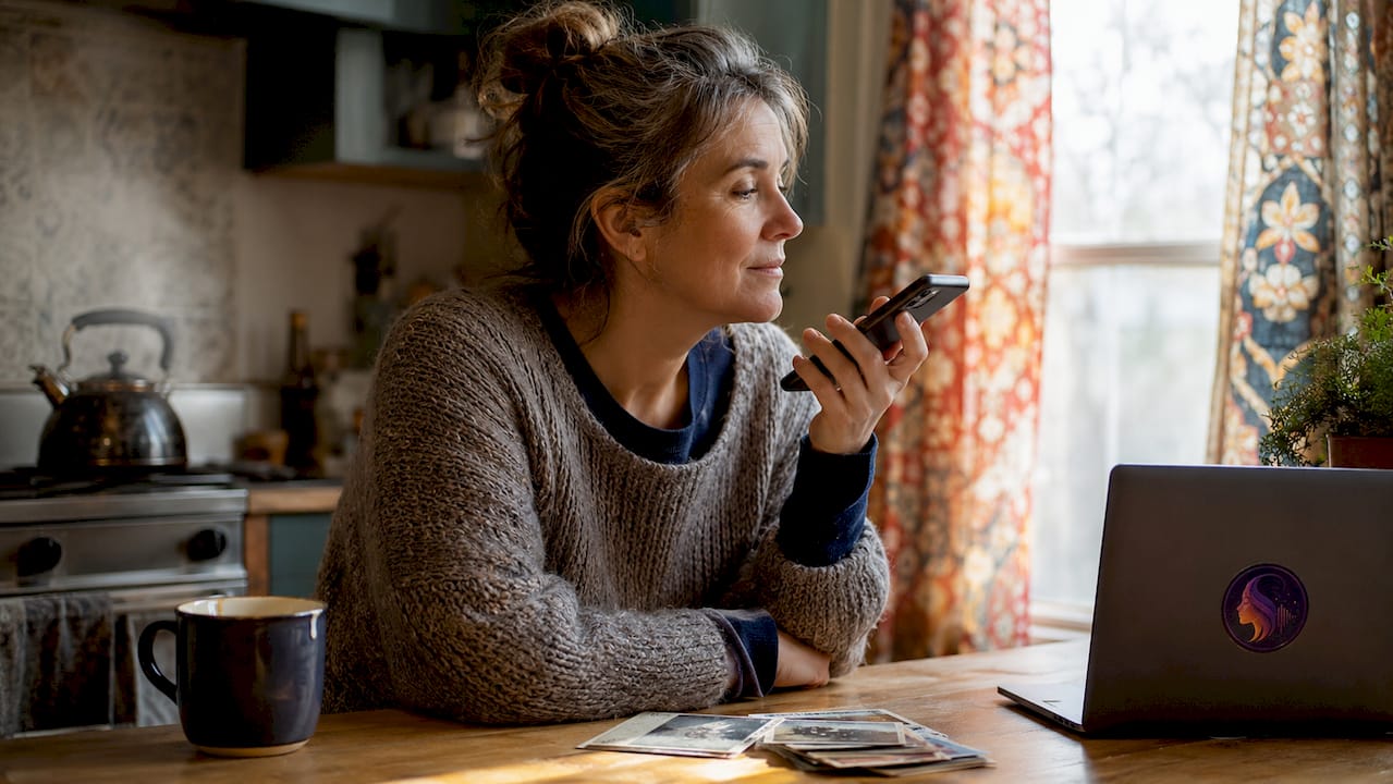 Woman recording family voice message