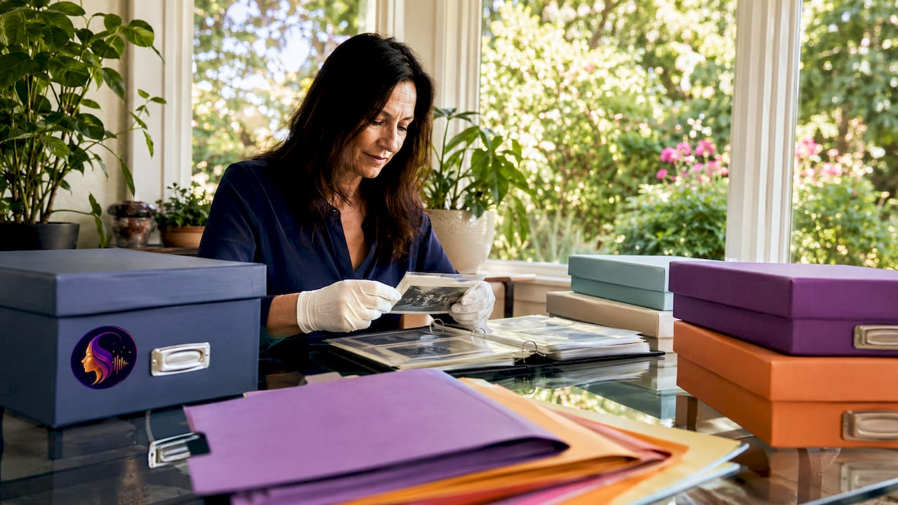 Woman organizing archived family photos and documents