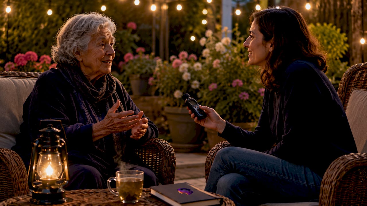 Adult child recording aging parent’s voice at home