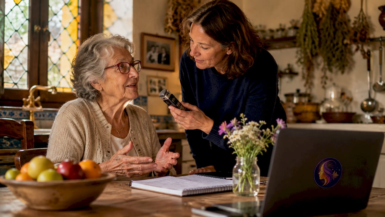 Elder woman telling story recorded by relative