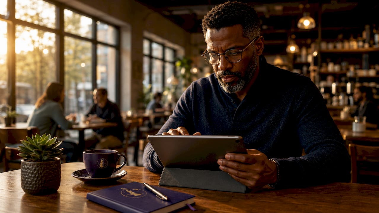Man interacting with digital memory system at home desk