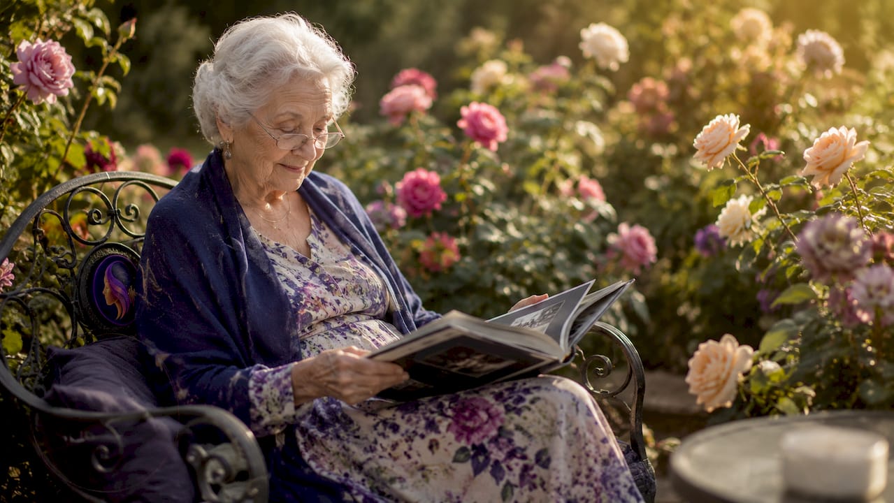 Elderly woman sharing family stories with photo album