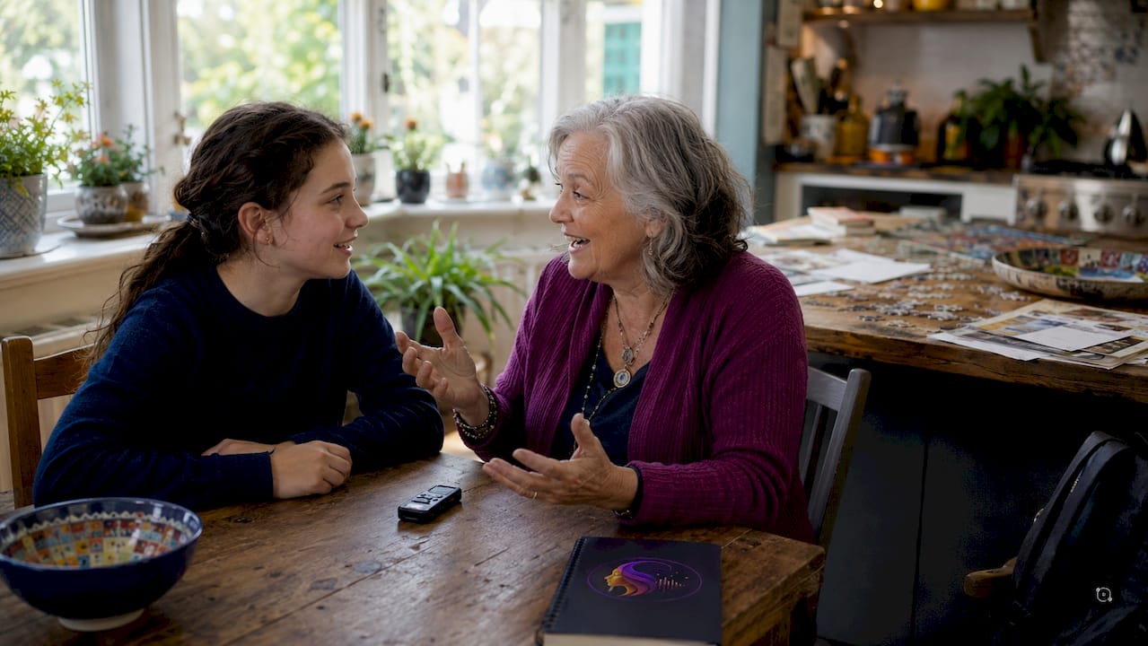 Grandmother and grandchild sharing stories together