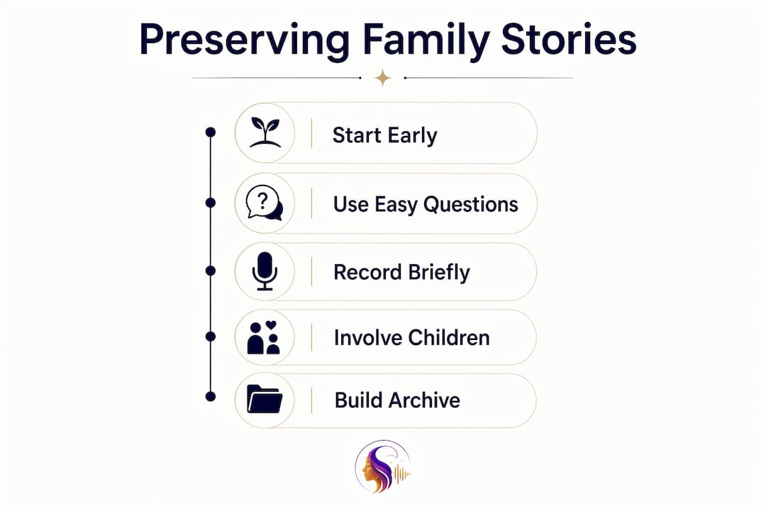 Infographic illustrating steps to preserve family stories