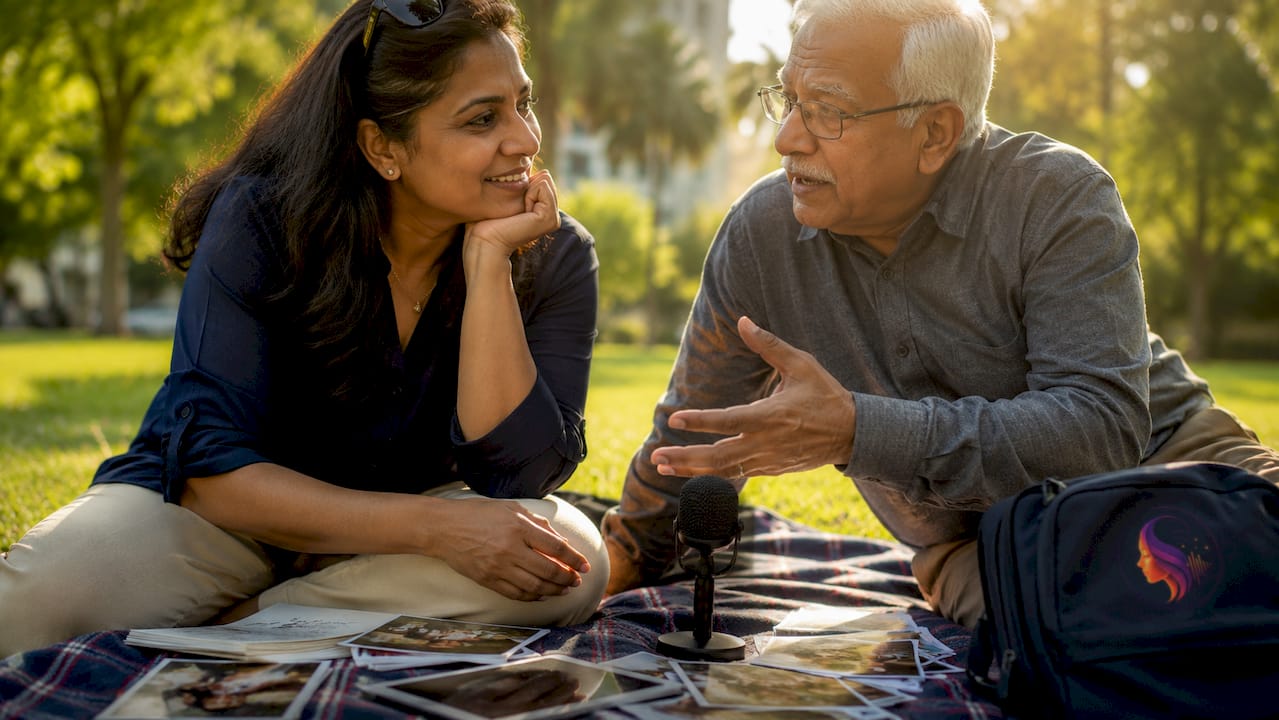 Woman recording digital keepsake story with elder