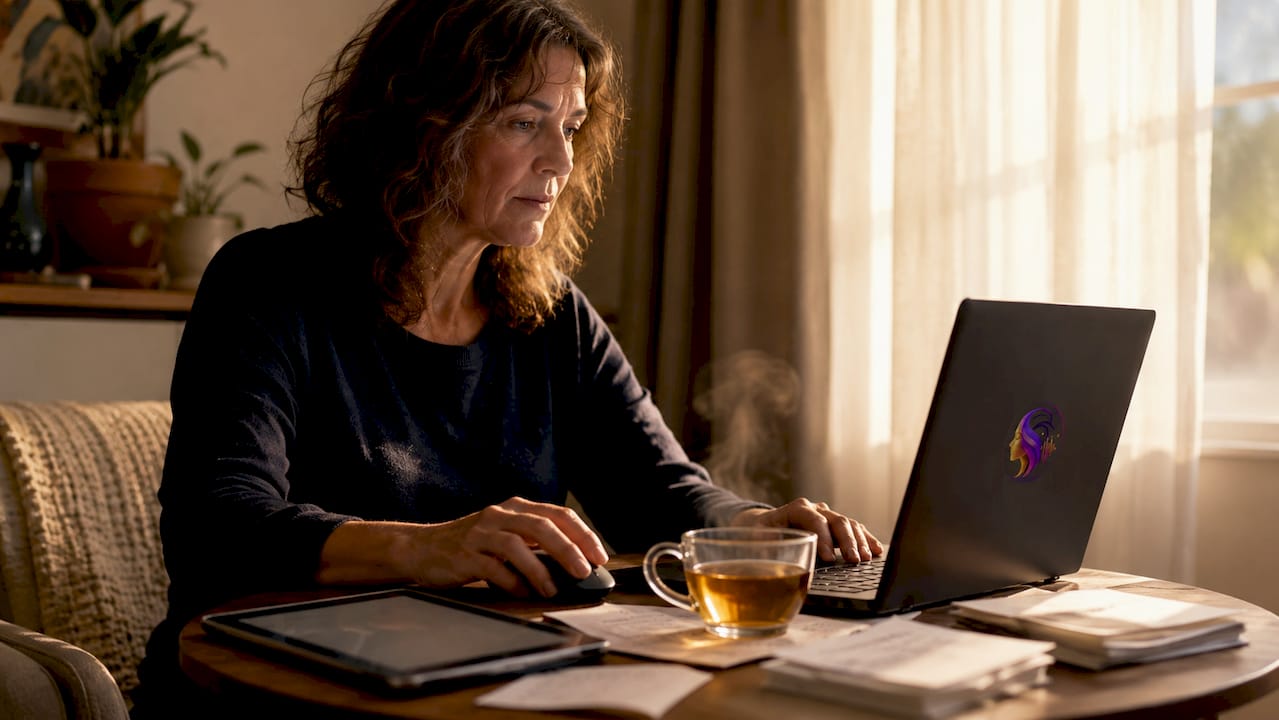 Caregiver backing up files on laptop