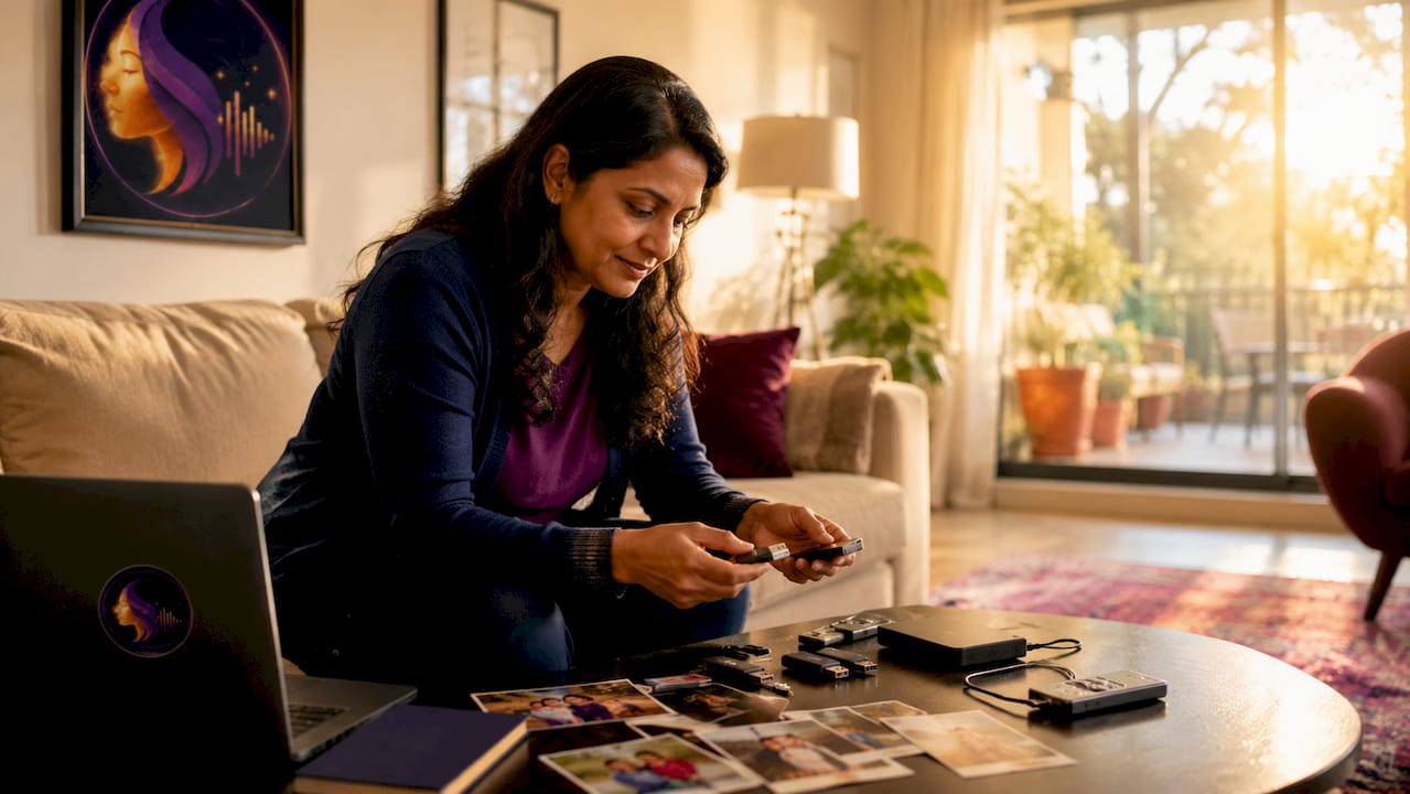 Woman organizing family digital memories at home