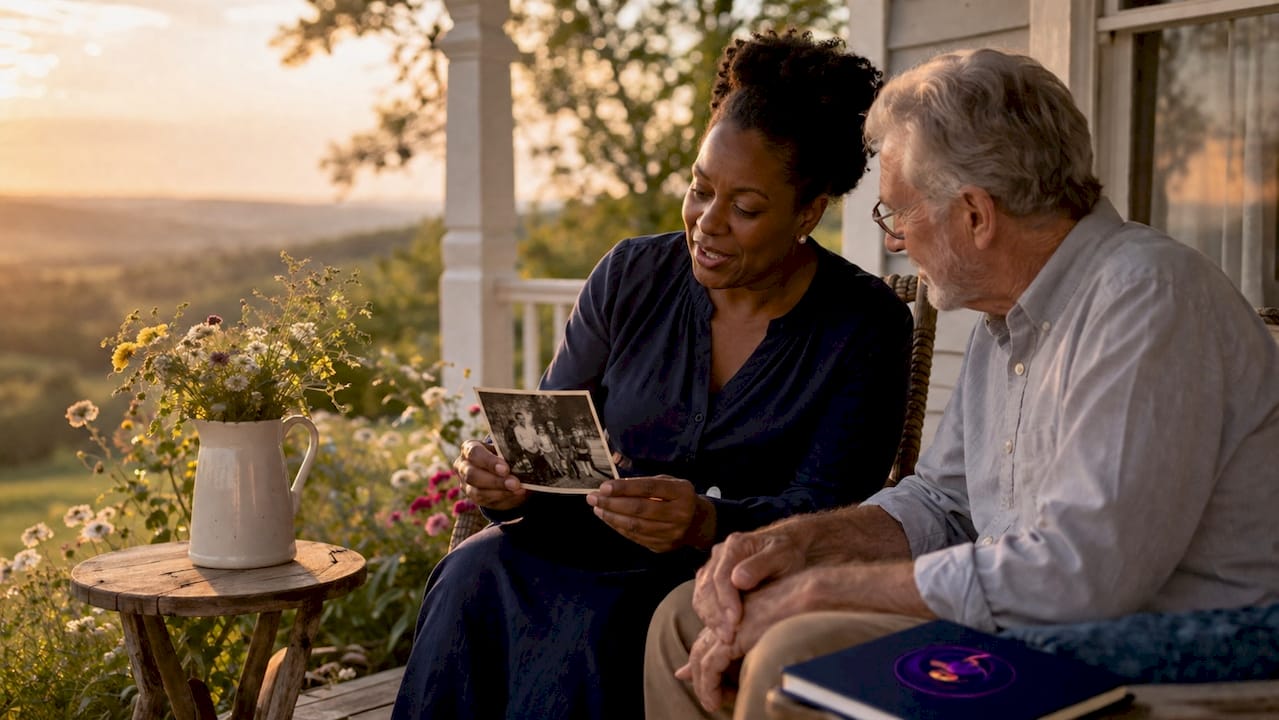Woman showing old photo to man while recording