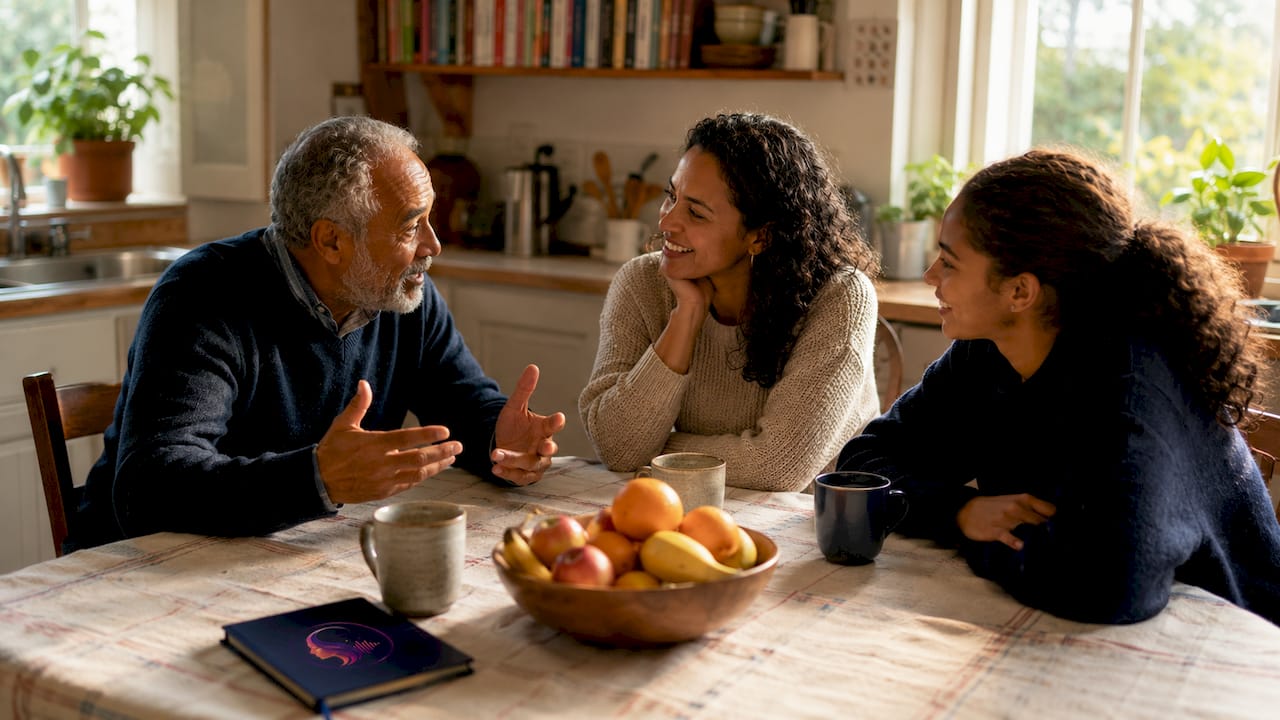 Three generation family sharing stories in living room