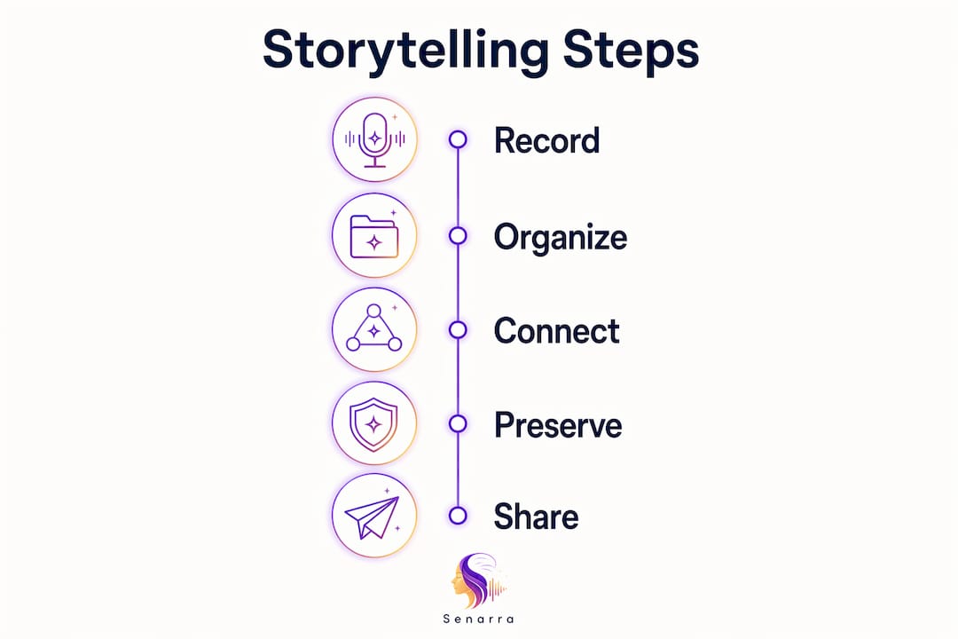 Infographic illustrating steps of digital family storytelling
