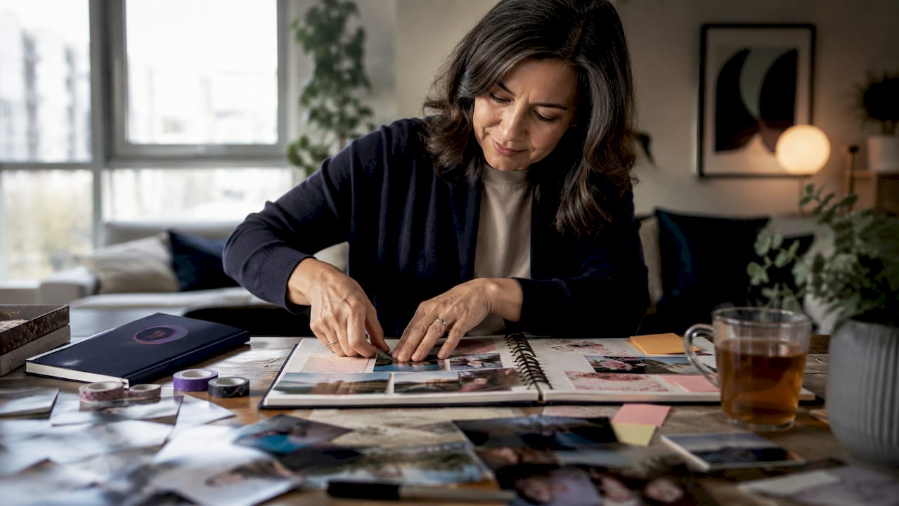 Caregiver assembling memory book at kitchen table