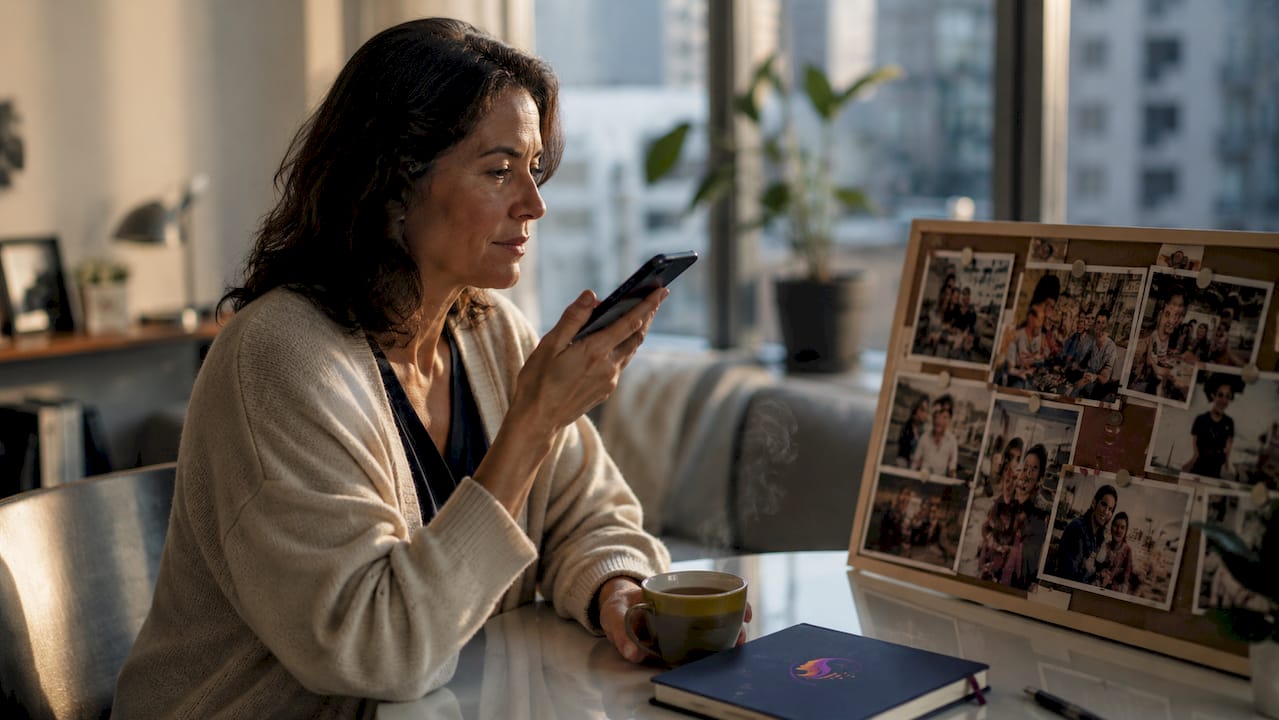 Woman recording family story on smartphone