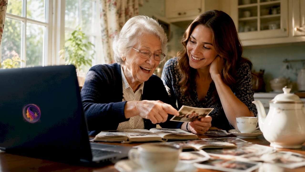 Family sharing memories with photos