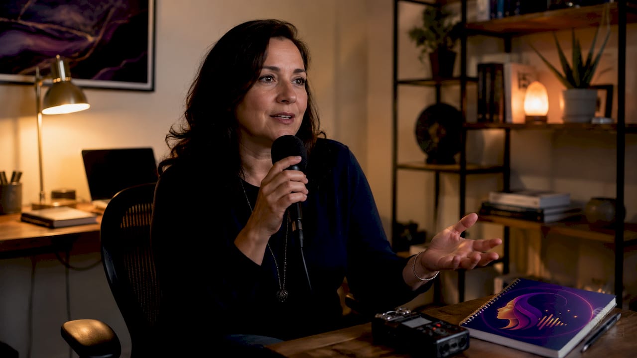 Woman recording audio message at home