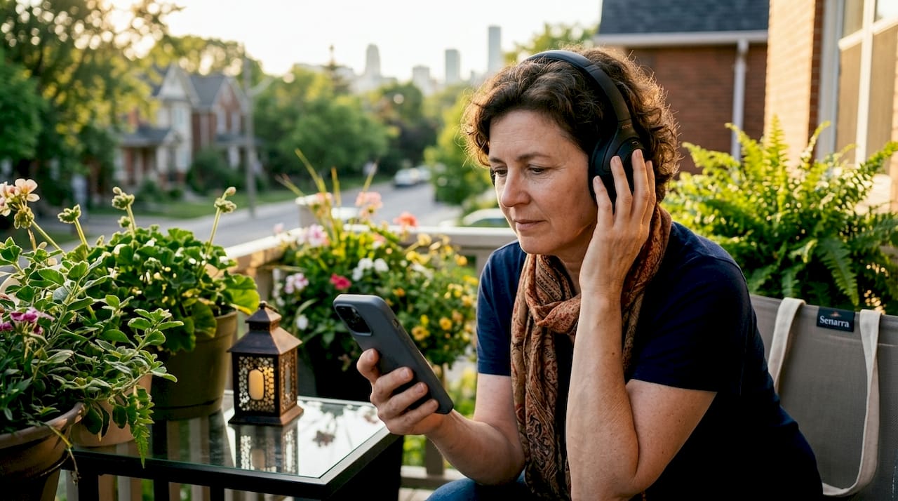 Woman listening to voice recording at home