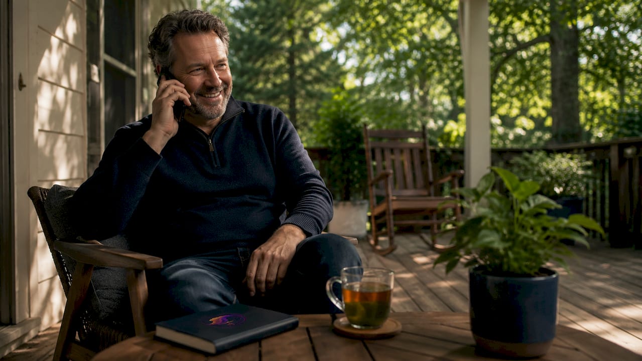 Man making a family storytelling phone call