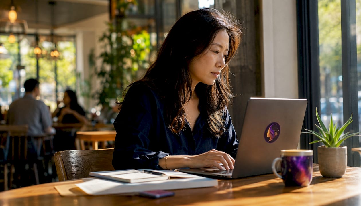 Woman typing on laptop in home office