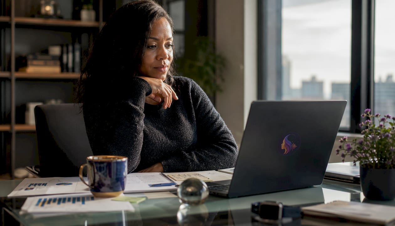 Woman reflecting on digital data at desk