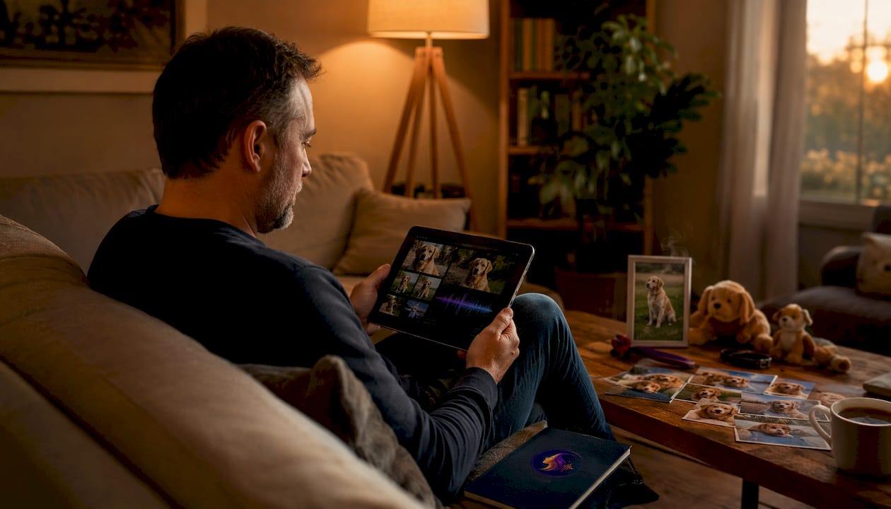 Man uploading pet memories at home desk