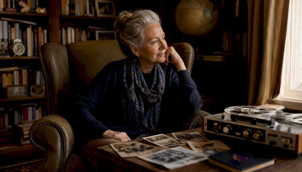 Elderly woman reviewing audio memories at home
