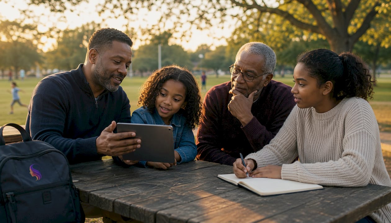 Family discussing memory companion app around kitchen table
