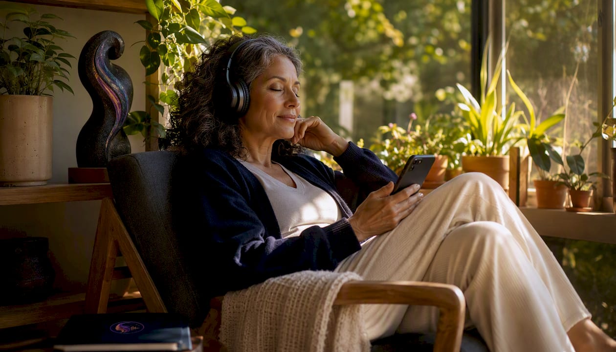 Woman enjoying familiar voice recording at home