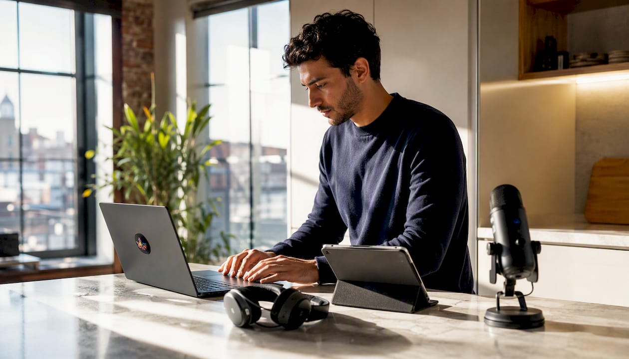Man adding metadata to audio files in home office