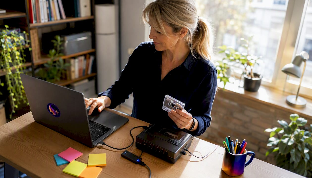 Woman digitizing audio cassette at home