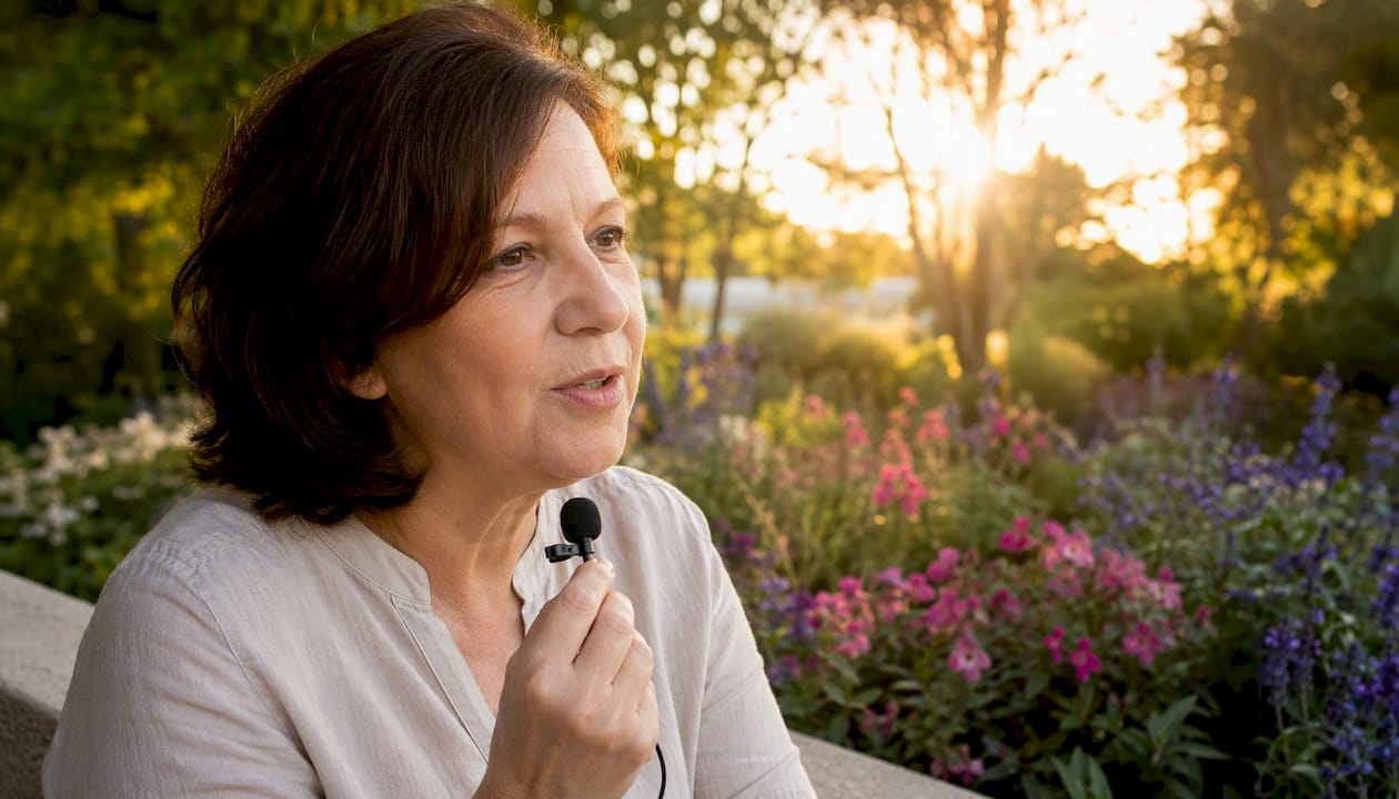 Person recording voice message at home