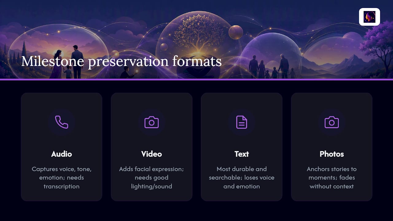 Diagram comparing audio, video, text, and photo milestone formats