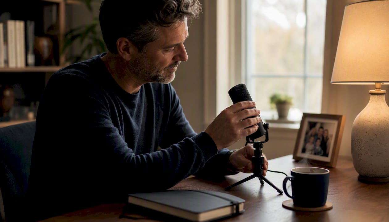 Person recording voice messages at home