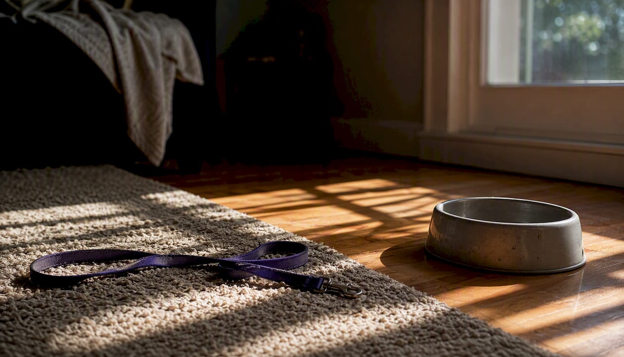 Empty dog leash and bowl symbolizing lost routine