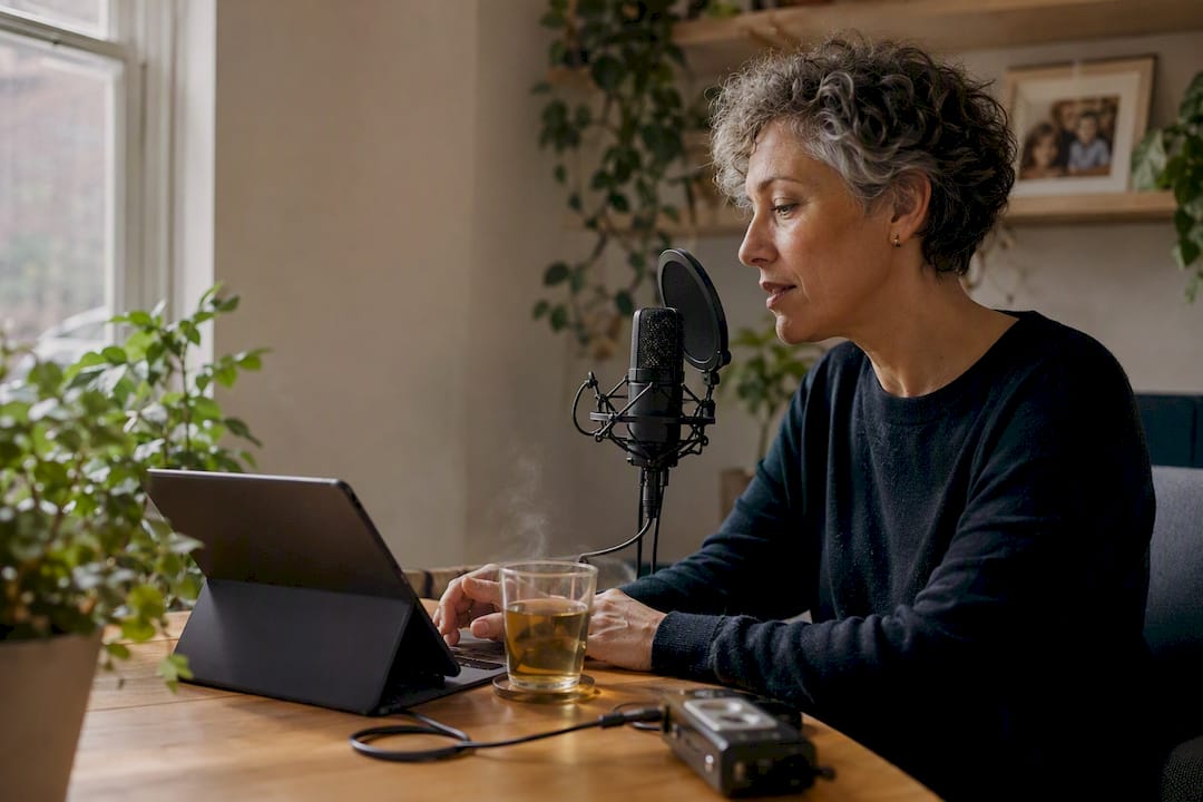 Person recording audio reflection at home